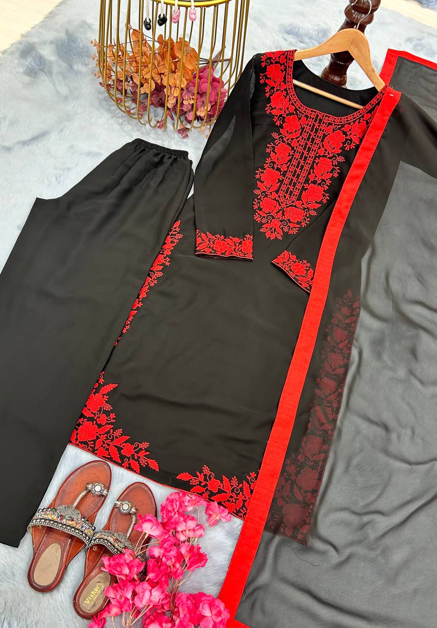 Black & Red Faux Georgette Long Plazzo Top and Dupatta For Party Wear