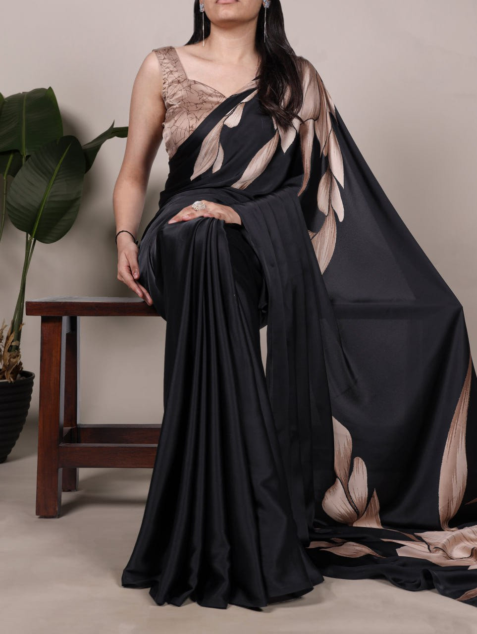 Black Royal Printed Chanderi Saree with Classic Border Matching Blouse
