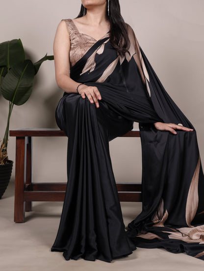 Black Royal Printed Chanderi Saree with Classic Border Matching Blouse