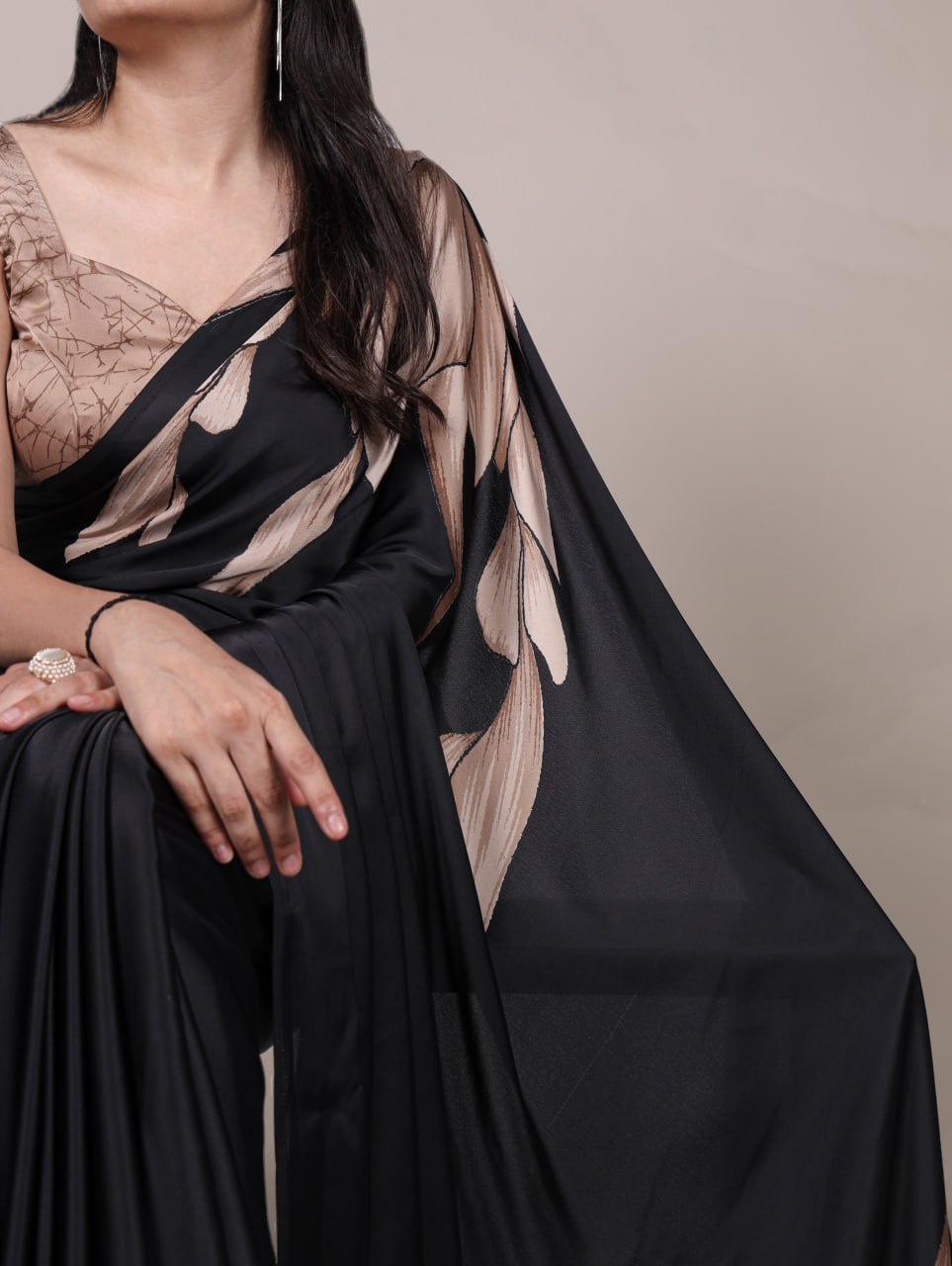 Black Royal Printed Chanderi Saree with Classic Border Matching Blouse