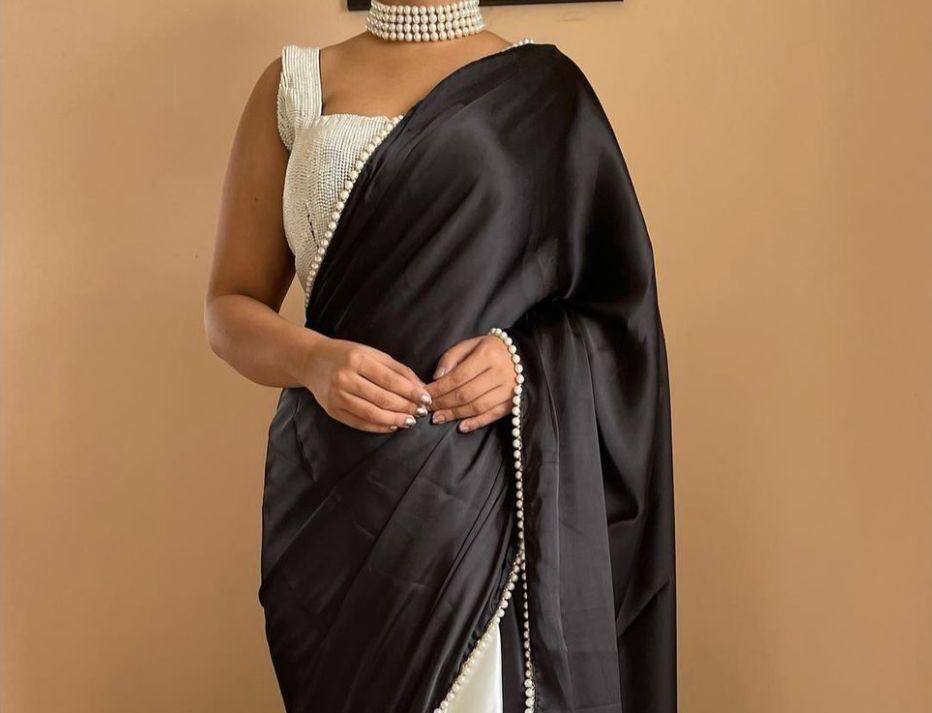 Black Satin Saree with Moti Lace Border and White Blouse