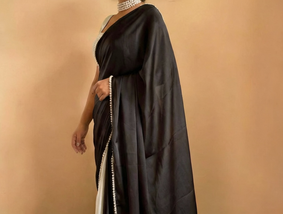 Black Satin Saree with Moti Lace Border and White Blouse