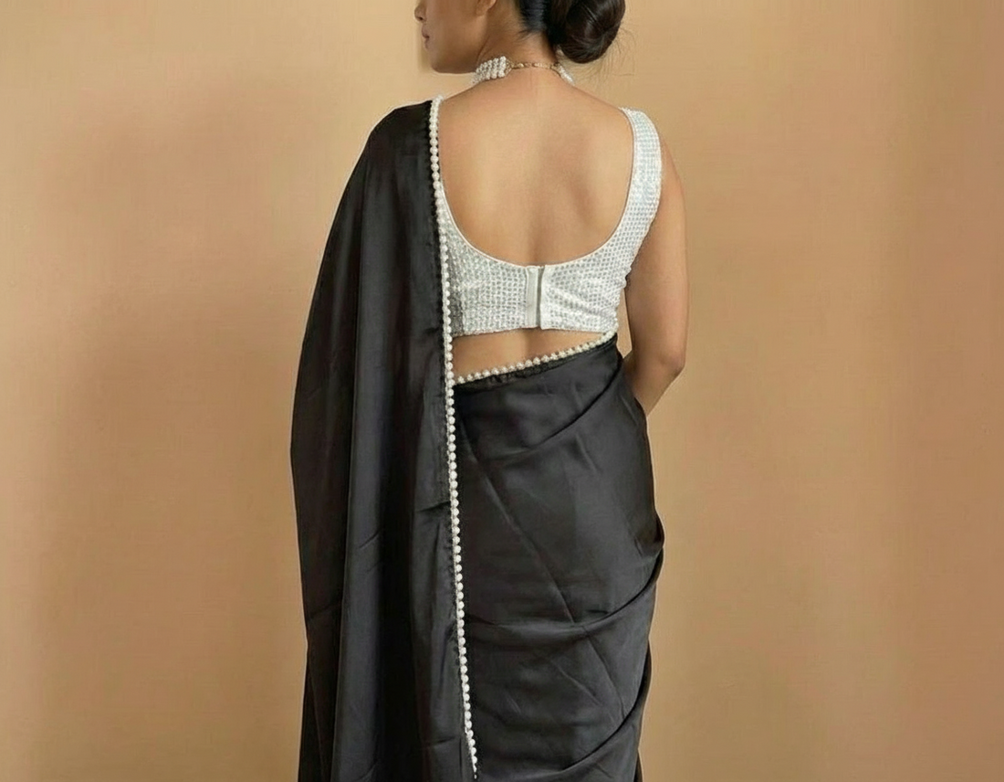 Black Satin Saree with Moti Lace Border and White Blouse