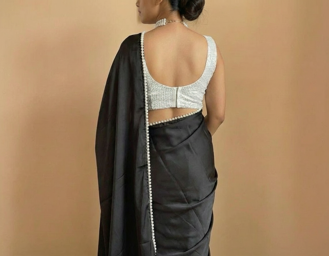 Black Satin Saree with Moti Lace Border and White Blouse