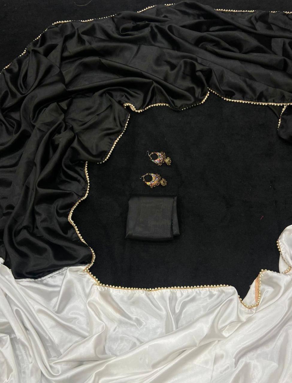 Black Satin Saree with Moti Lace Border and White Blouse