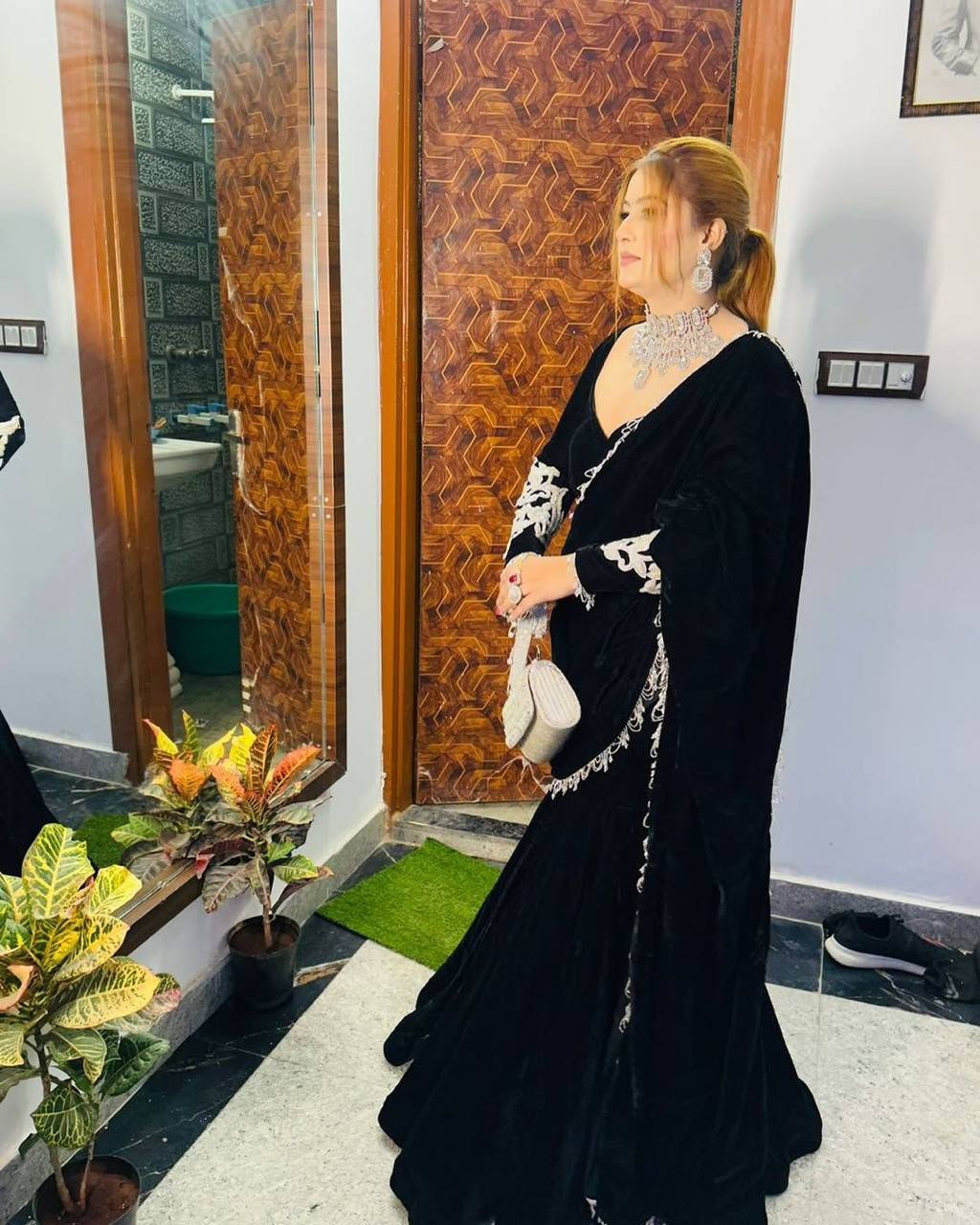 Black Velvet Saree with Handwork Lace Border & Designer Velvet Blouse