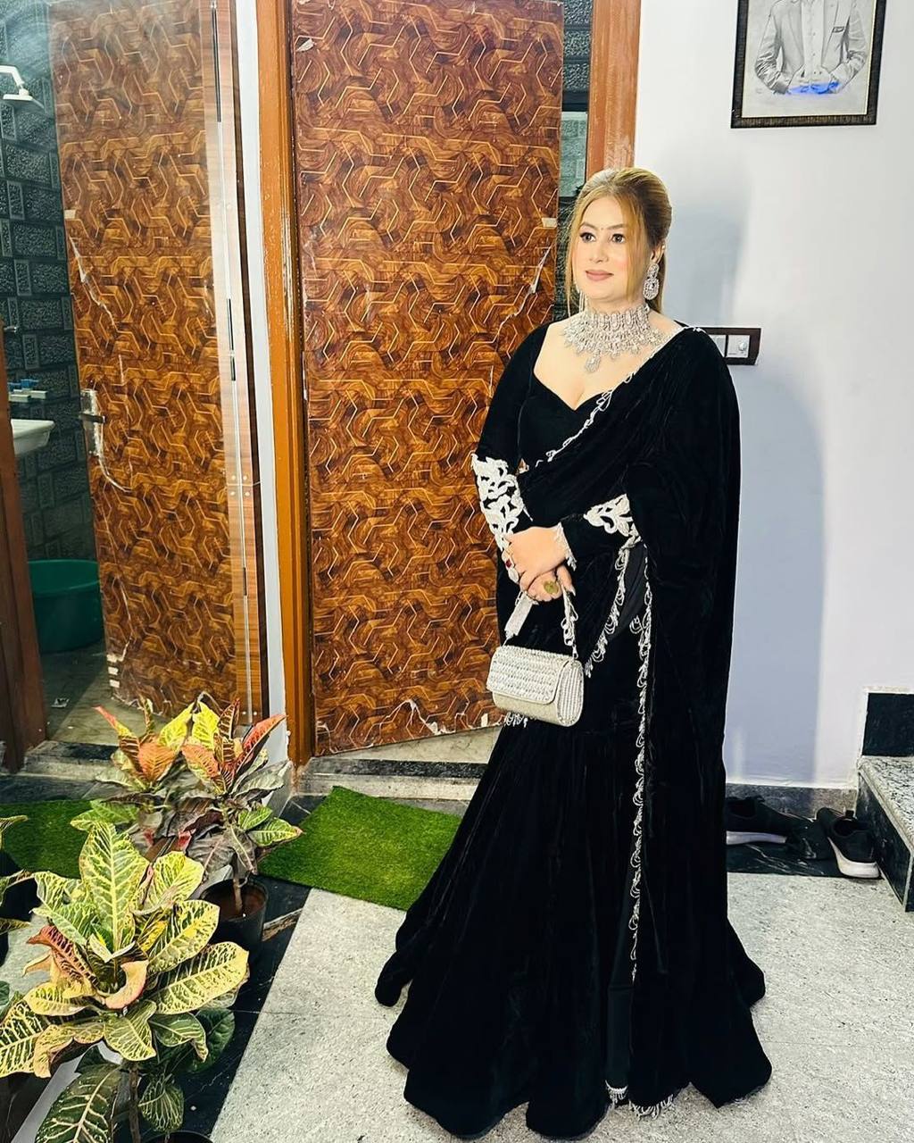 Black Velvet Saree with Handwork Lace Border & Designer Velvet Blouse