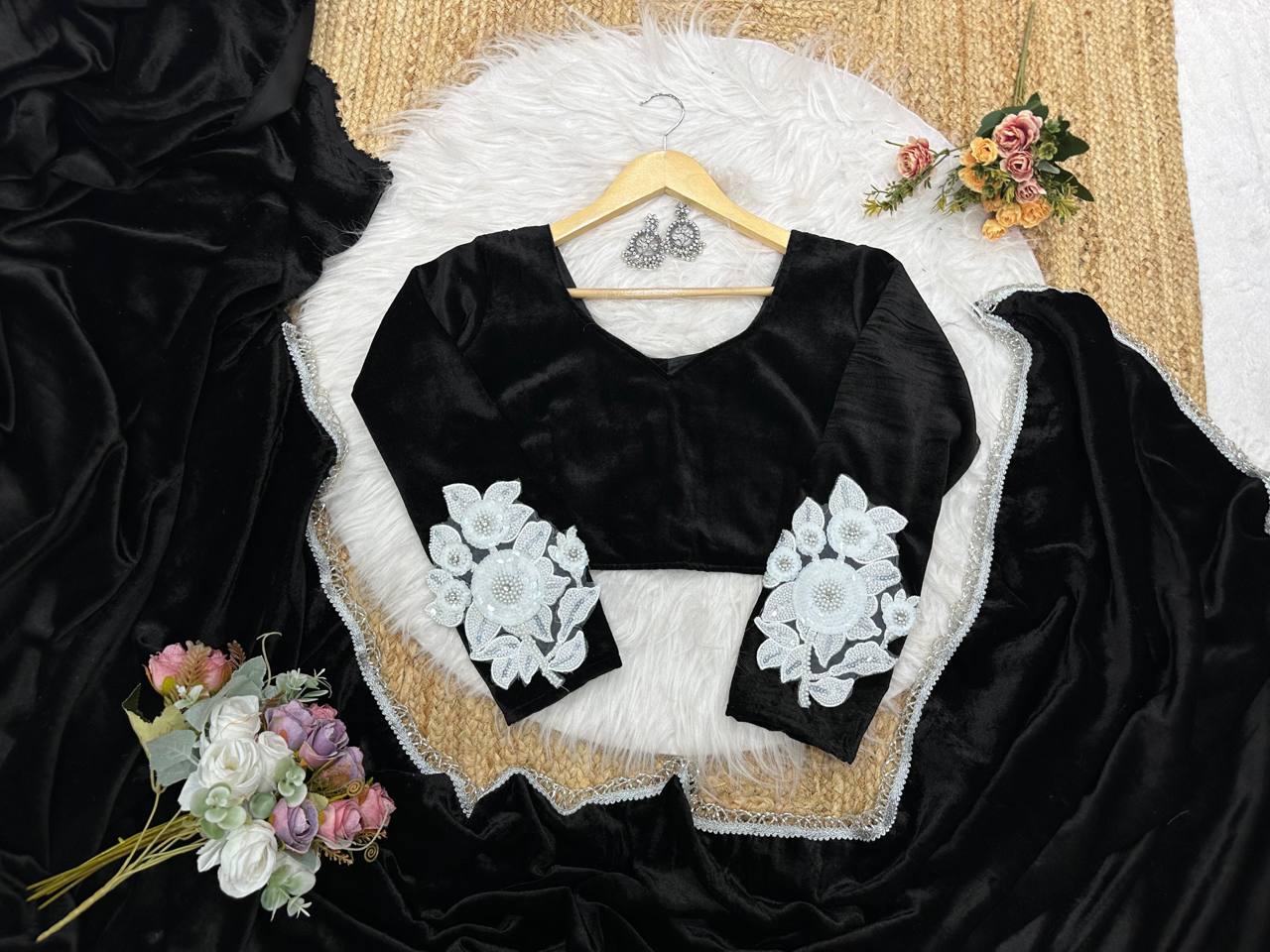 Black Velvet Saree with Handwork Lace Border & Designer Velvet Blouse