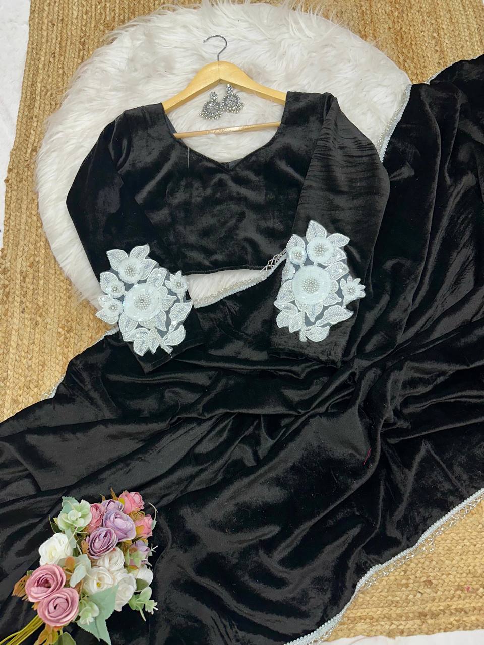 Black Velvet Saree with Handwork Lace Border & Designer Velvet Blouse