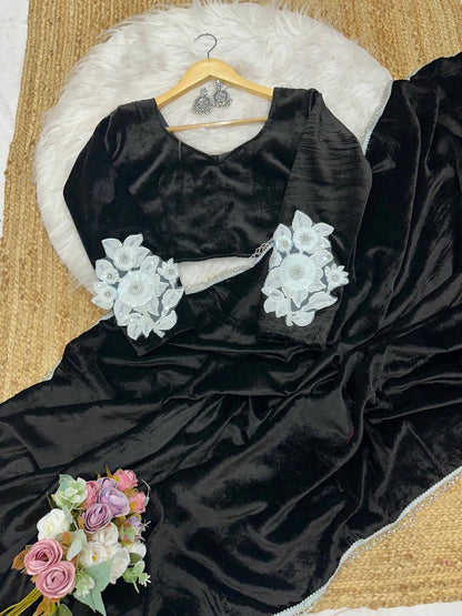 Black Velvet Saree with Handwork Lace Border & Designer Velvet Blouse