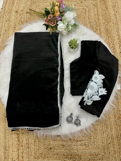 Black Velvet Saree with Handwork Lace Border & Designer Velvet Blouse