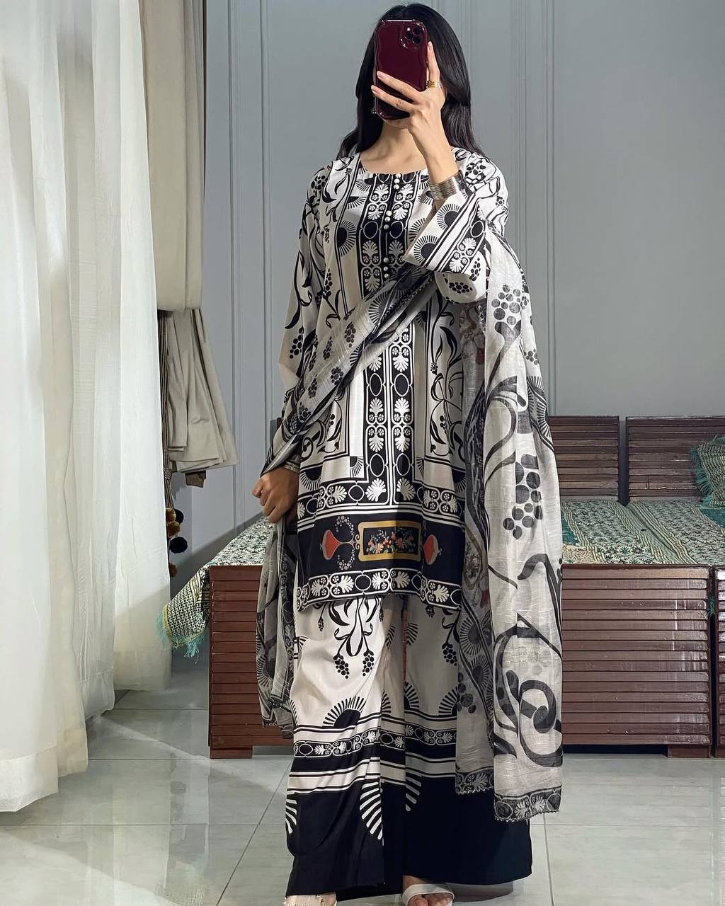 Black & white Designer Natural Crepe Print Plazzo Top and Dupatta