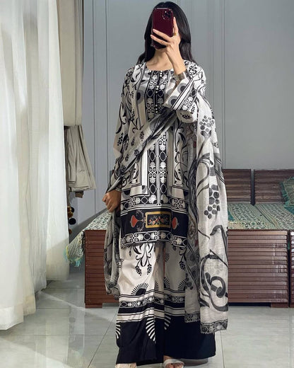 Black & white Designer Natural Crepe Print Plazzo Top and Dupatta