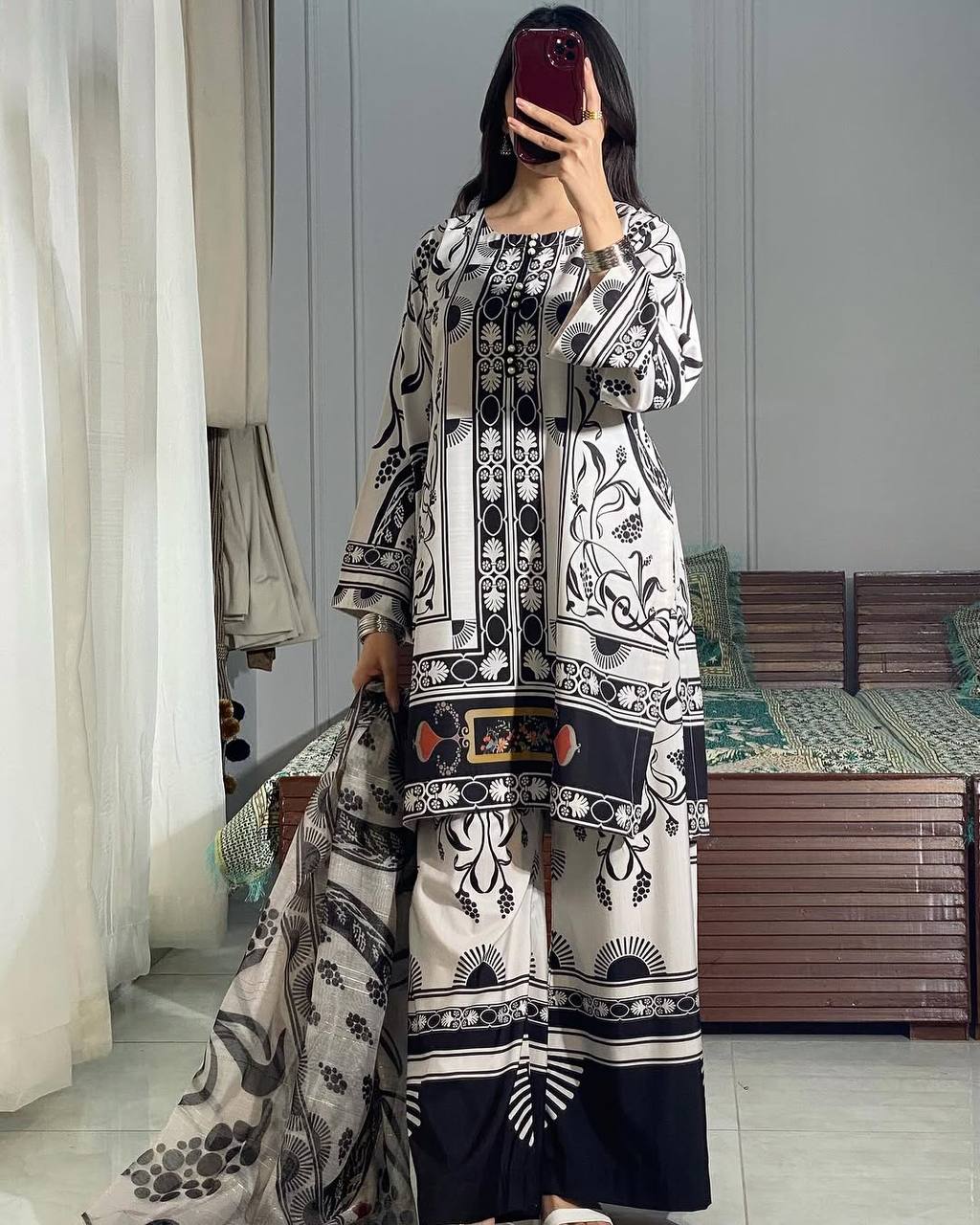 Black & white Designer Natural Crepe Print Plazzo Top and Dupatta