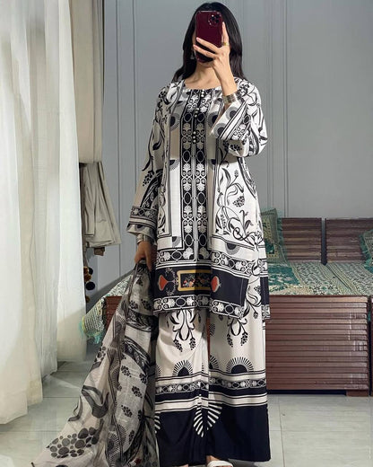 Black & white Designer Natural Crepe Print Plazzo Top and Dupatta
