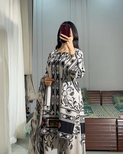Black & white Designer Natural Crepe Print Plazzo Top and Dupatta
