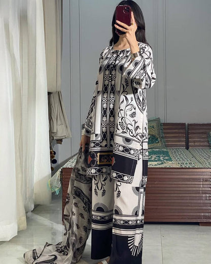 Black & white Designer Natural Crepe Print Plazzo Top and Dupatta