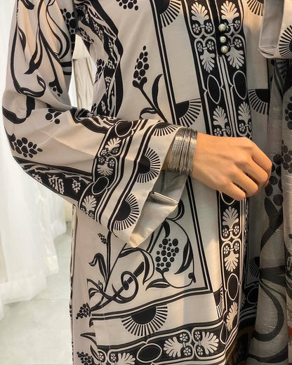 Black & white Designer Natural Crepe Print Plazzo Top and Dupatta