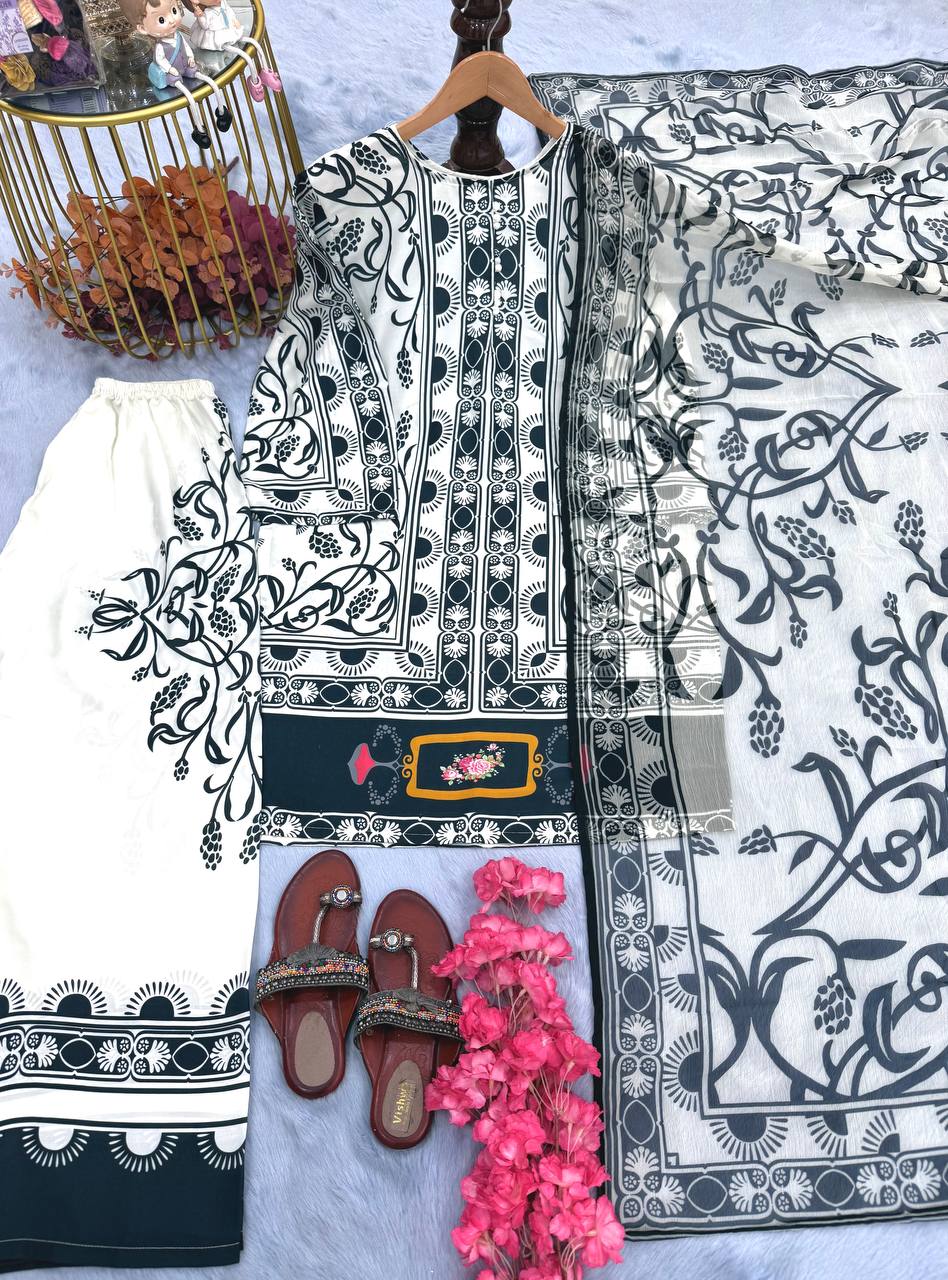 Black & white Designer Natural Crepe Print Plazzo Top and Dupatta
