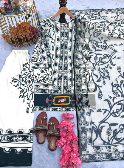 Black & white Designer Natural Crepe Print Plazzo Top and Dupatta