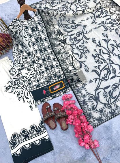 Black & white Designer Natural Crepe Print Plazzo Top and Dupatta