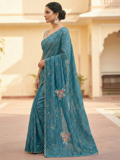 Blue Crush Saree with Round Sequin Embroidery and Zari Brocade Blouse