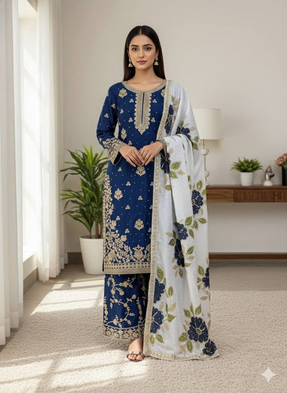 Blue Designer GMY Silk Embroidery Plazzo Suit and Dupatta