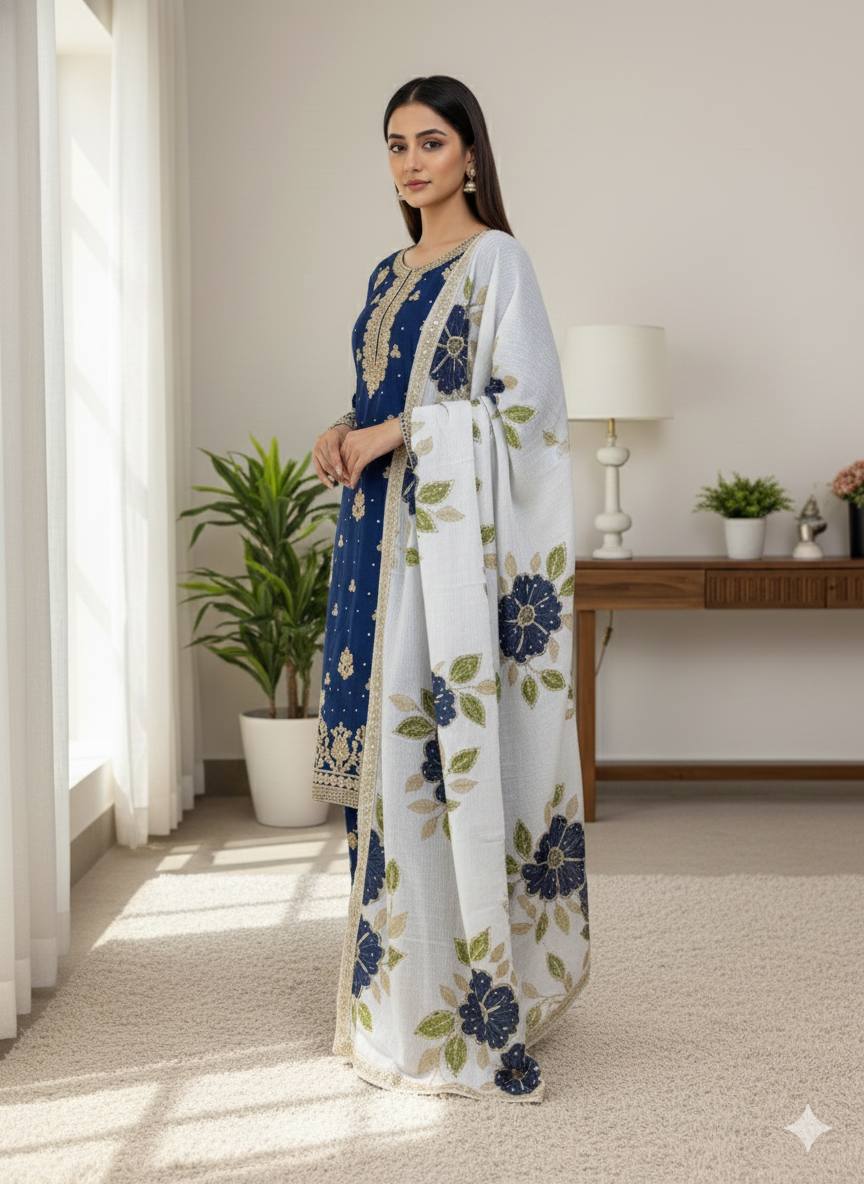 Blue Designer GMY Silk Embroidery Plazzo Suit and Dupatta