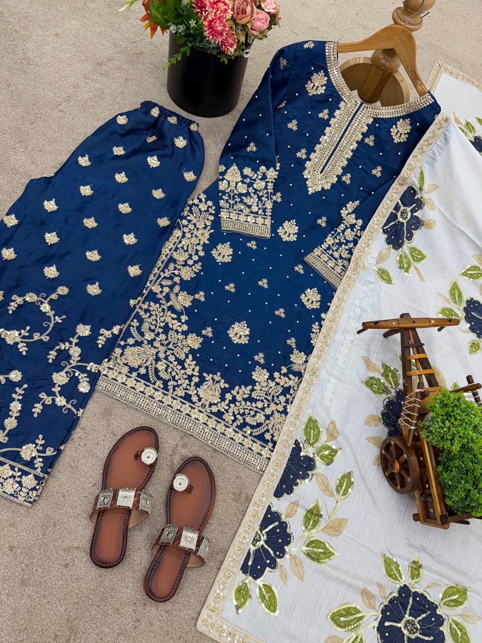 Blue Designer GMY Silk Embroidery Plazzo Suit and Dupatta