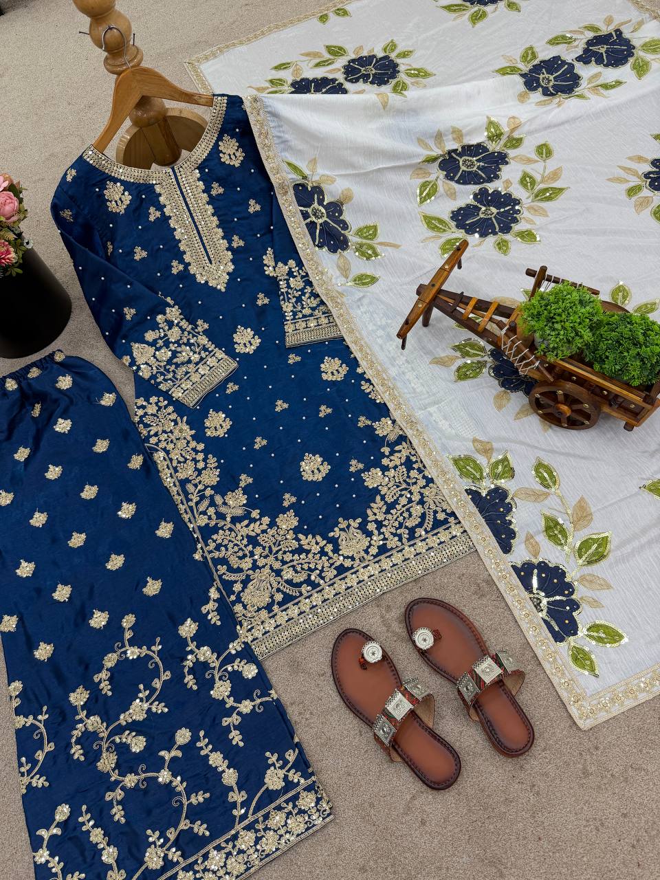 Blue Designer GMY Silk Embroidery Plazzo Suit and Dupatta