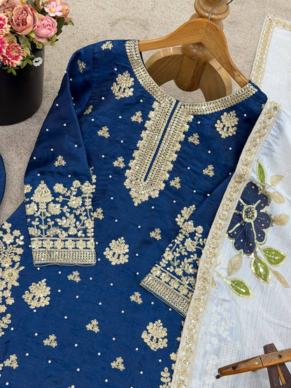 Blue Designer GMY Silk Embroidery Plazzo Suit and Dupatta