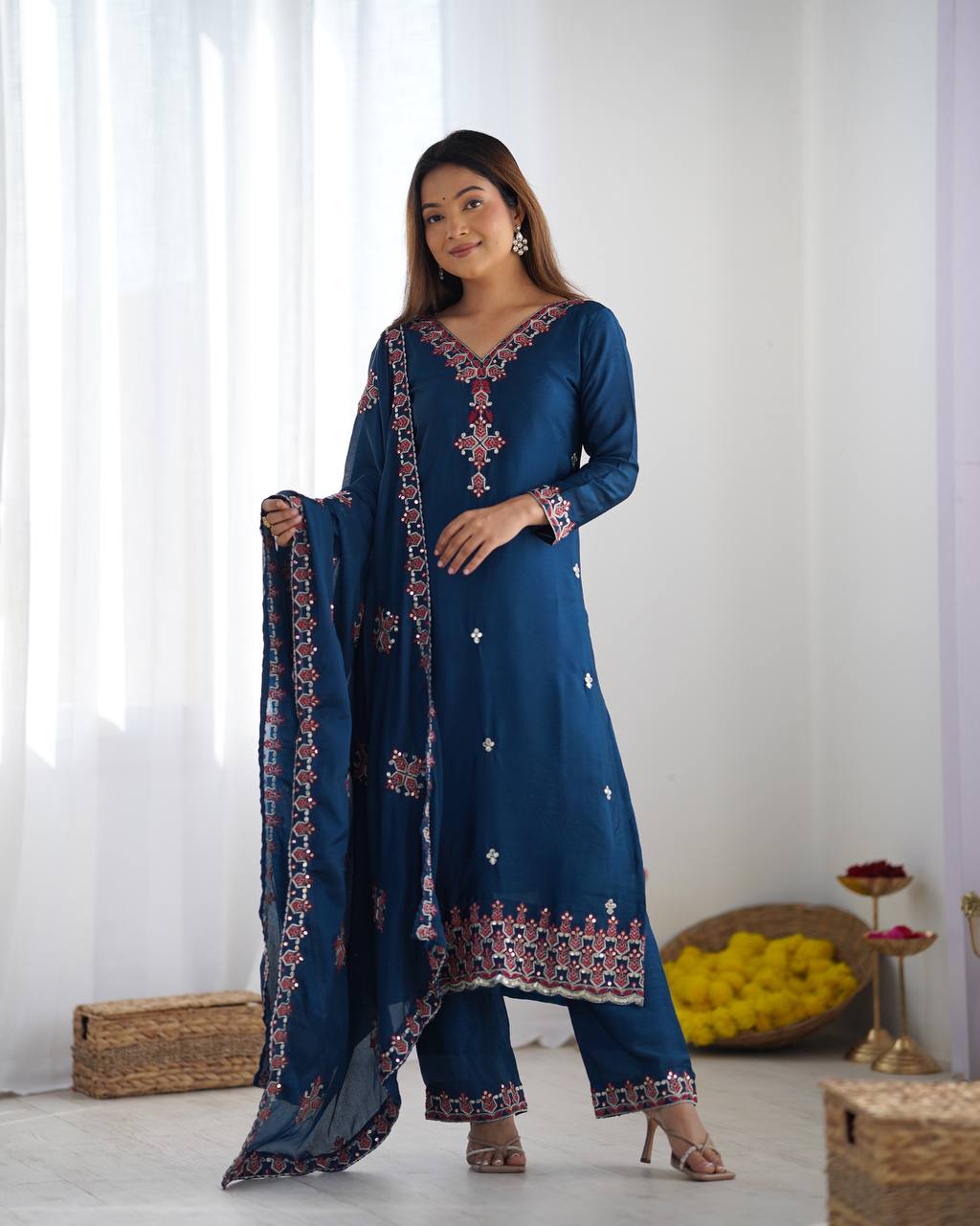 Blue Designer Heavy Chinnon Silk Top and Dupatta For Party Wear