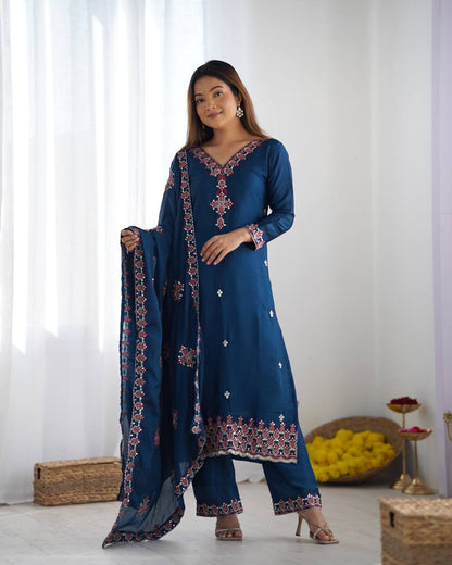 Blue Designer Heavy Chinnon Silk Top and Dupatta For Party Wear