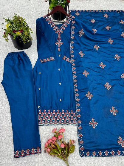 Blue Designer Heavy Chinnon Silk Top and Dupatta For Party Wear