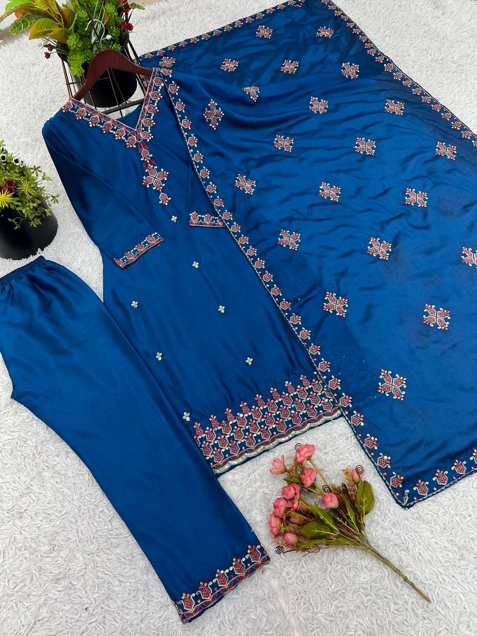 Blue Designer Heavy Chinnon Silk Top and Dupatta For Party Wear
