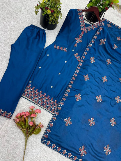 Blue Designer Heavy Chinnon Silk Top and Dupatta For Party Wear