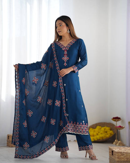 Blue Designer Heavy Chinnon Silk Top and Dupatta For Party Wear