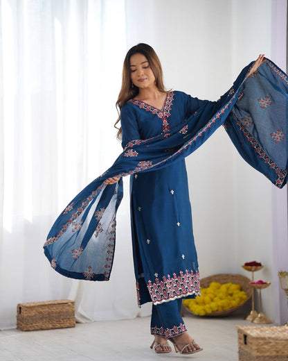 Blue Designer Heavy Chinnon Silk Top and Dupatta For Party Wear