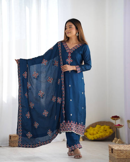 Blue Designer Heavy Chinnon Silk Top and Dupatta For Party Wear