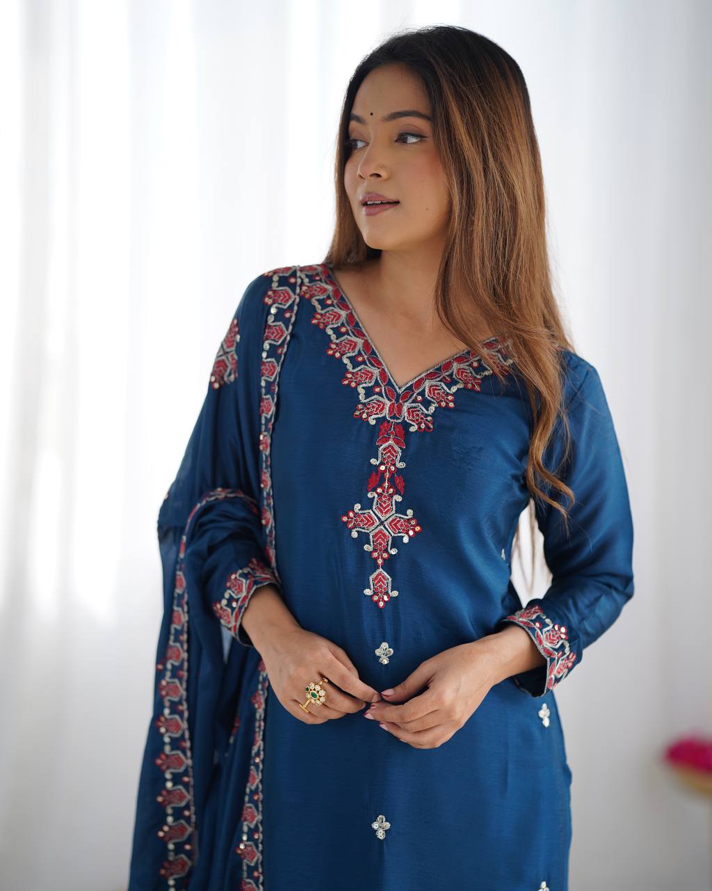 Blue Designer Heavy Chinnon Silk Top and Dupatta For Party Wear