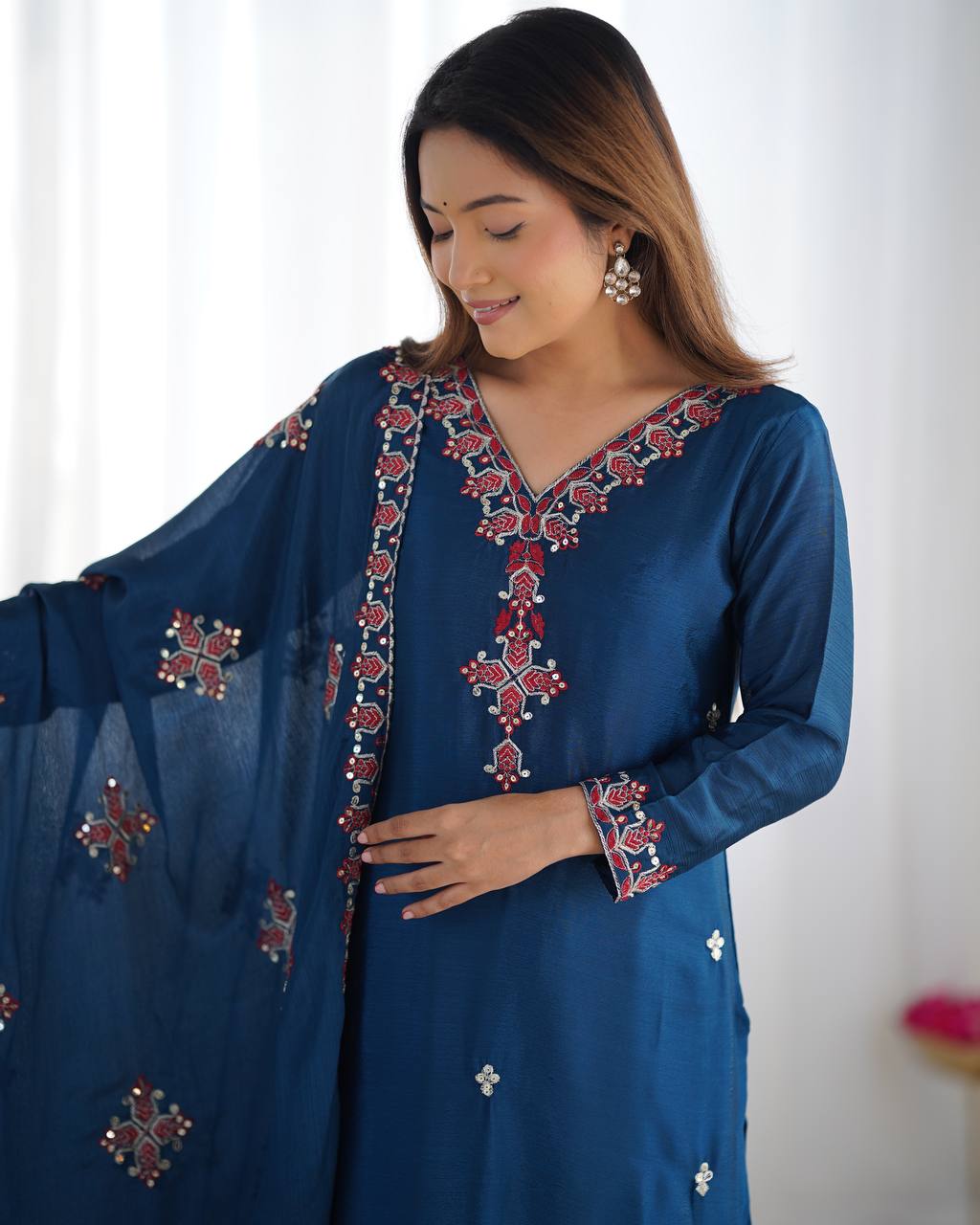 Blue Designer Heavy Chinnon Silk Top and Dupatta For Party Wear