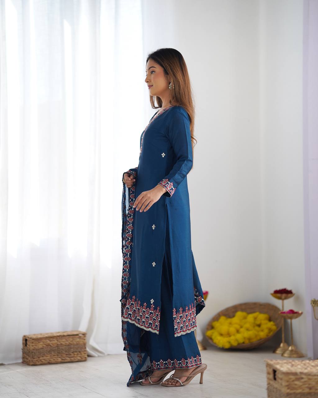 Blue Designer Heavy Chinnon Silk Top and Dupatta For Party Wear