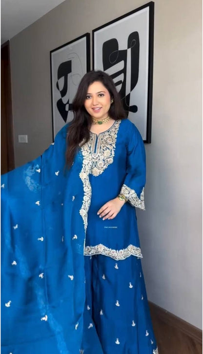 Blue Designer Pure Chinnon Silk Dori Palazzo Top and Dupatta