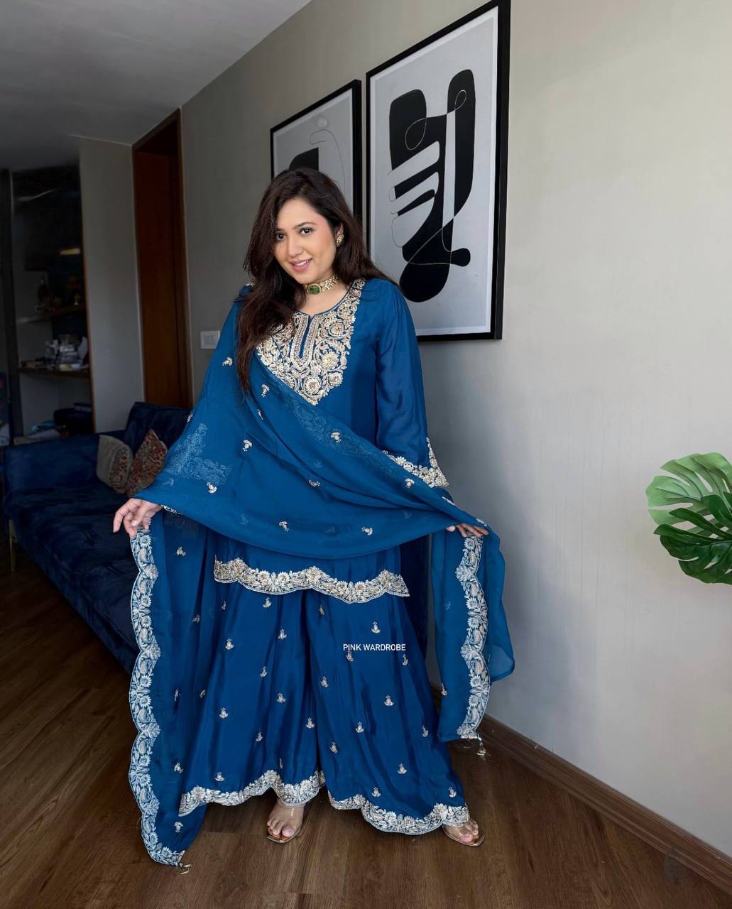 Blue Designer Pure Chinnon Silk Dori Palazzo Top and Dupatta