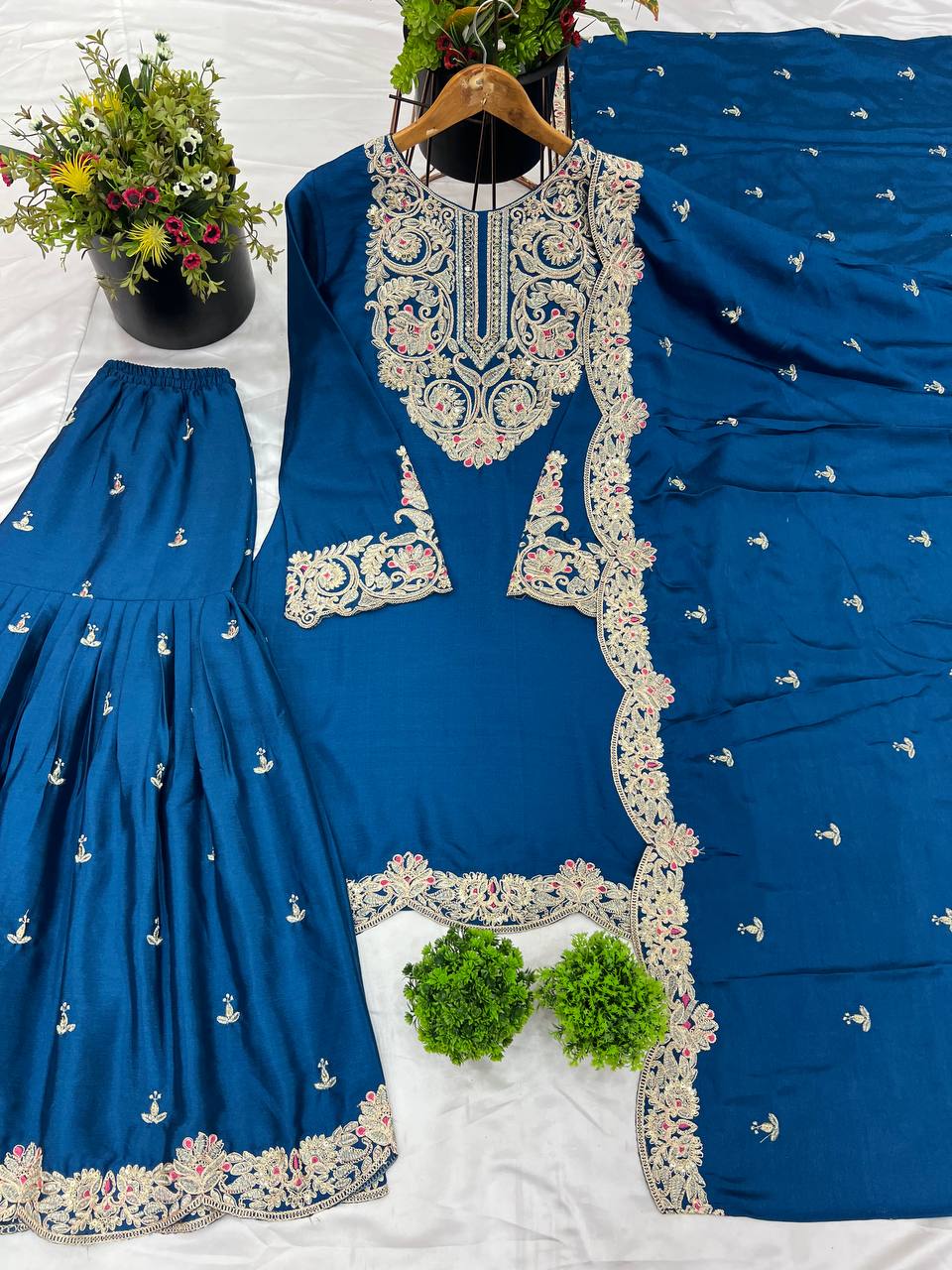 Blue Designer Pure Chinnon Silk Dori Palazzo Top and Dupatta