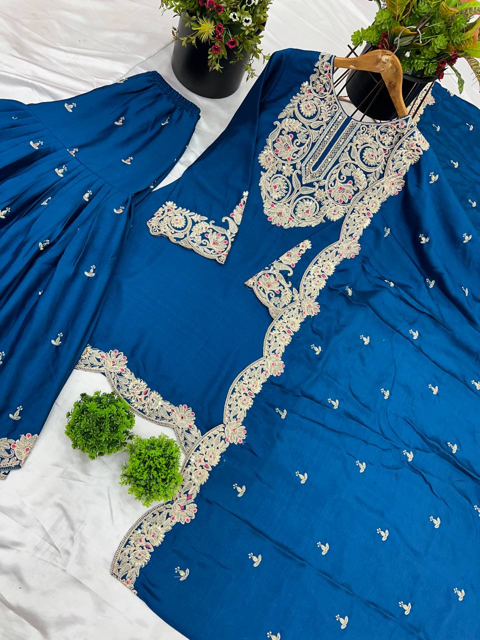 Blue Designer Pure Chinnon Silk Dori Palazzo Top and Dupatta