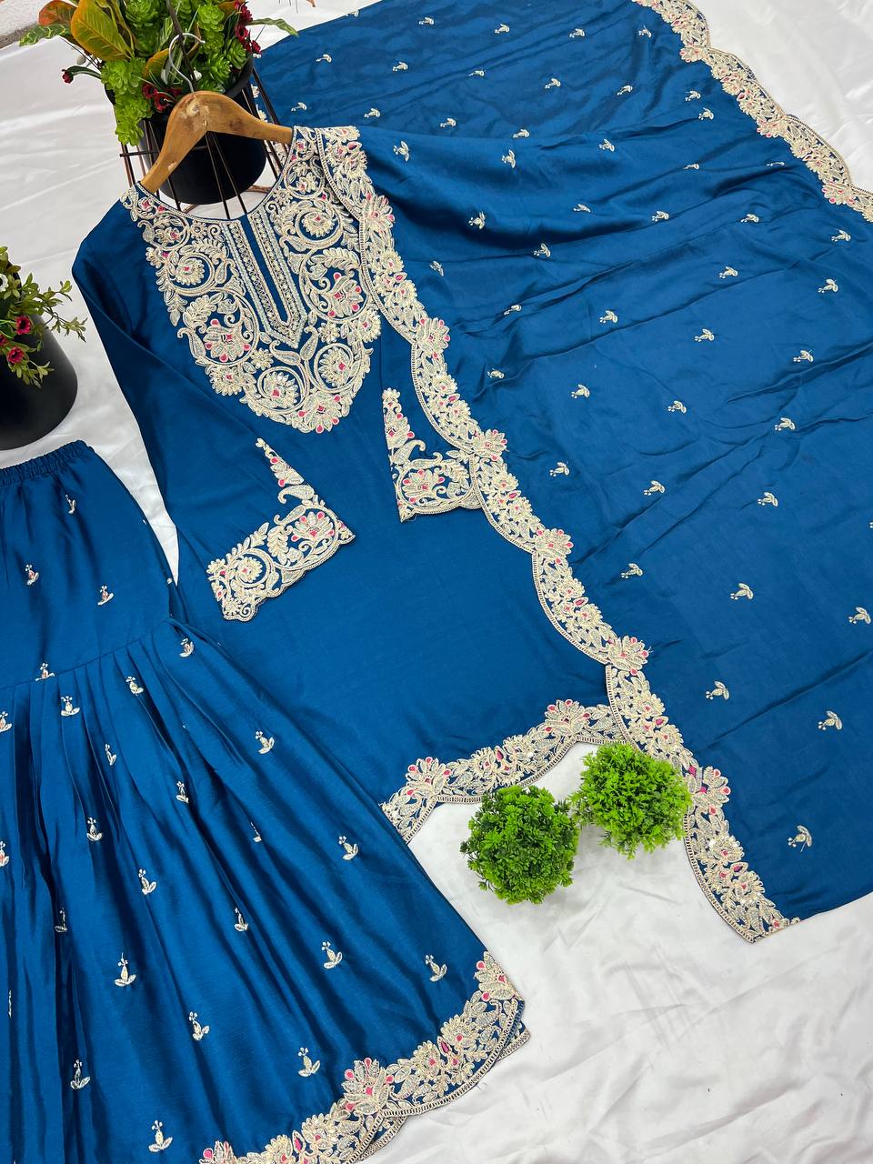 Blue Designer Pure Chinnon Silk Dori Palazzo Top and Dupatta