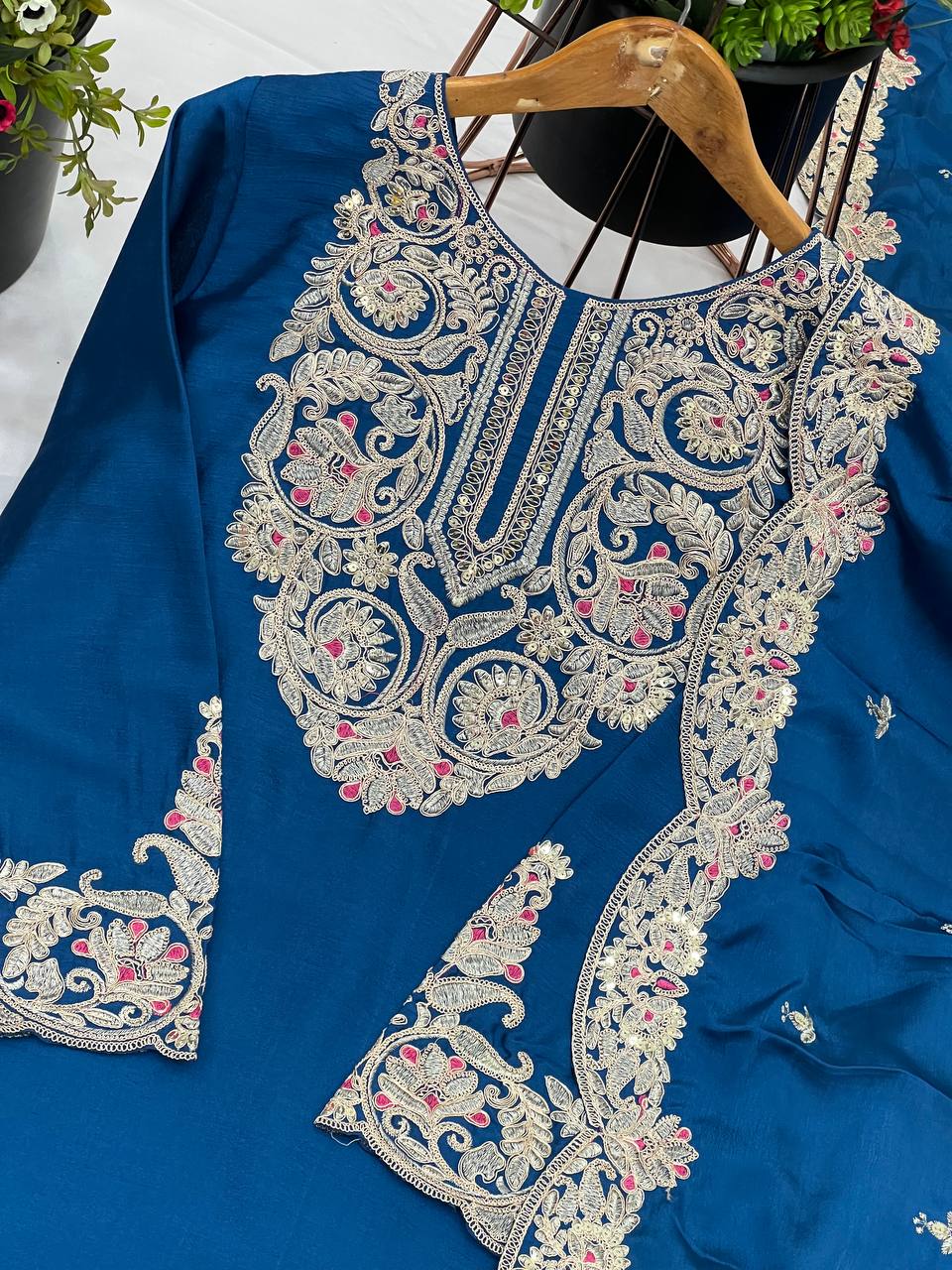 Blue Designer Pure Chinnon Silk Dori Palazzo Top and Dupatta