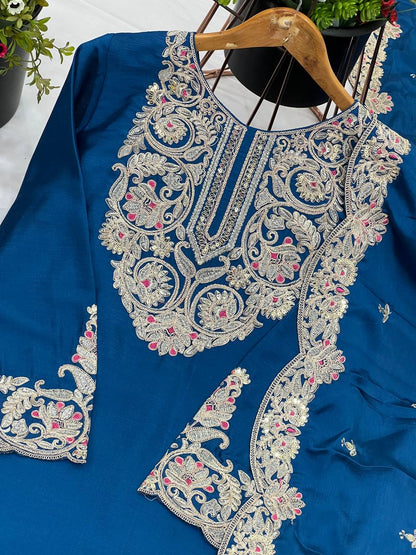 Blue Designer Pure Chinnon Silk Dori Palazzo Top and Dupatta