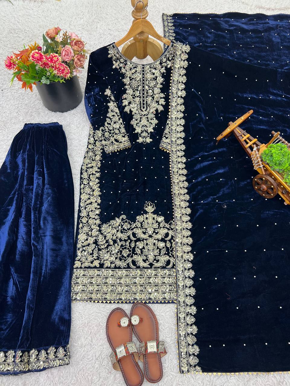 Blue Designer Viscose Velvet Coding Top and Dupatta For Party Wear